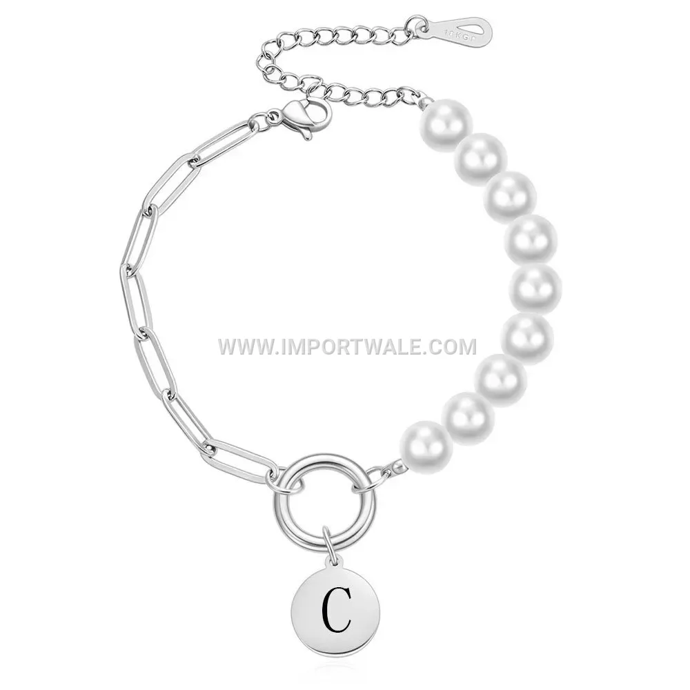 Paperclip Chain Faux Pearl Stainless Steel Initial Bracelet