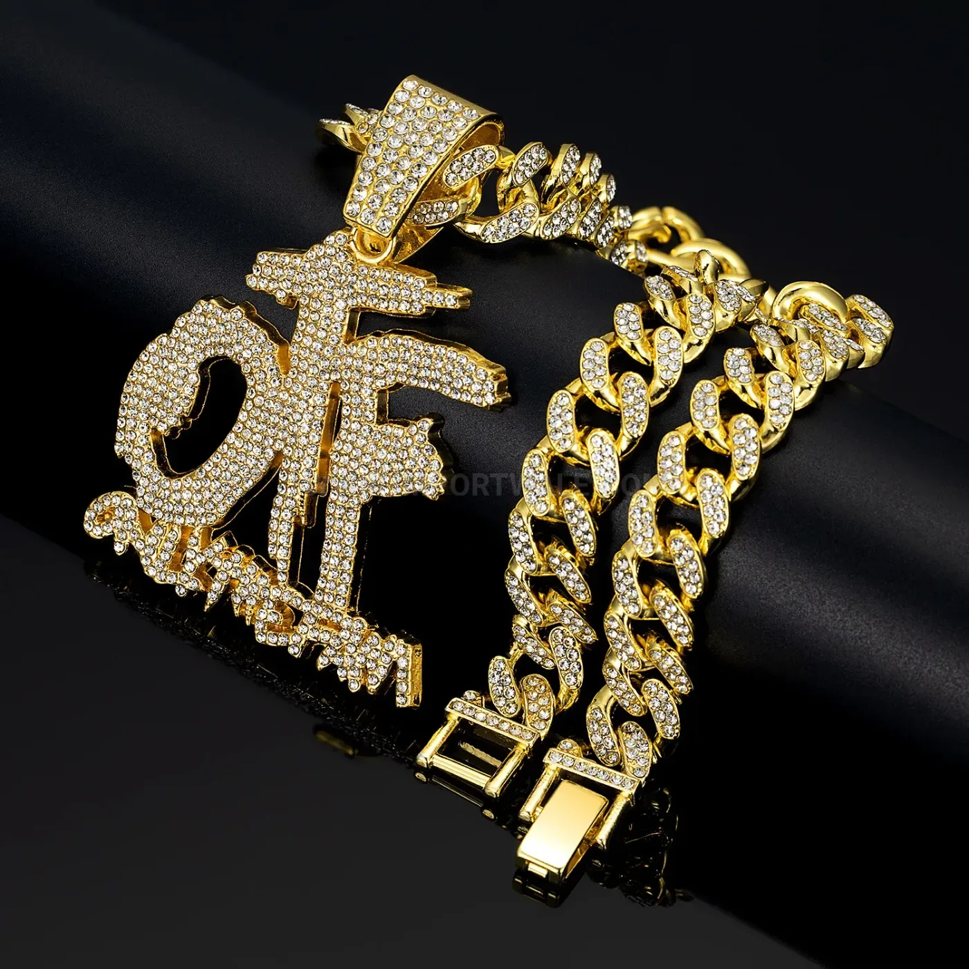Iced Out OTF Letter Pendant Alloy Cuban Necklace