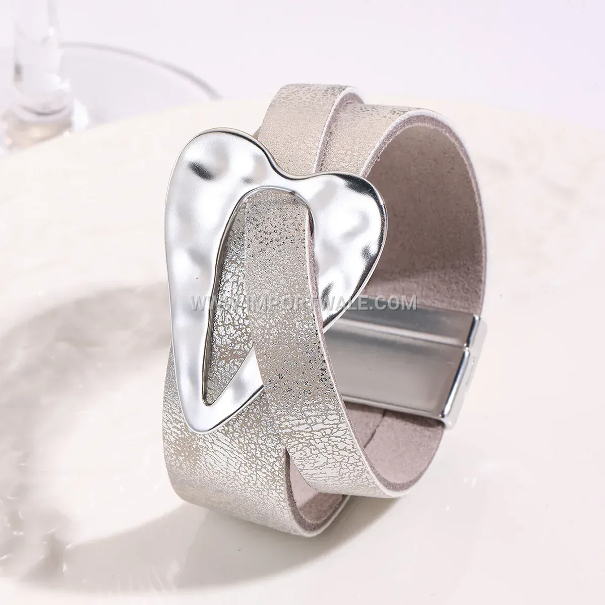 Statement Alloy Heart Charm Leather Cuff Bracelet