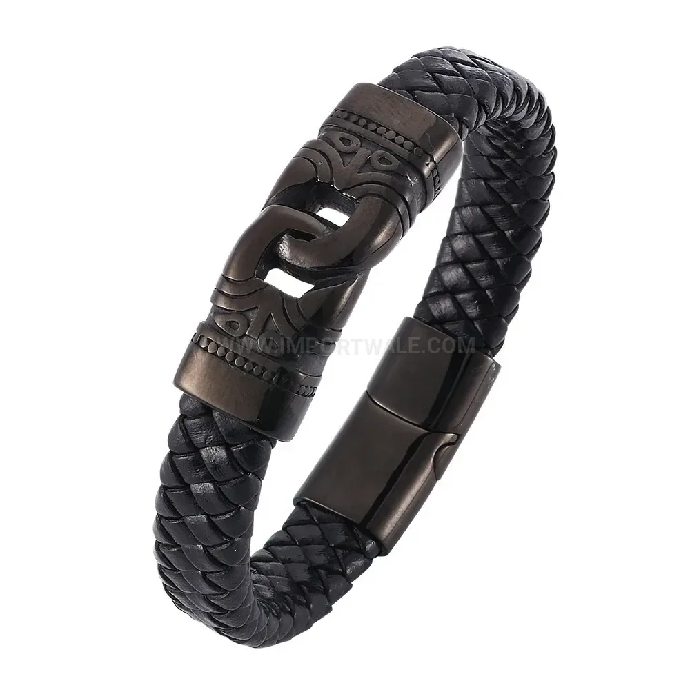 Handcrafted Black Braided Leather Bracelet With Black Stainless Steel