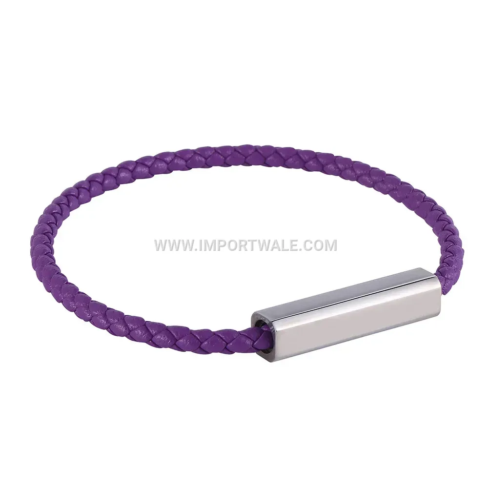 Woven Leather Bracelet with Polished Stainless Steel Magnetic Clasp