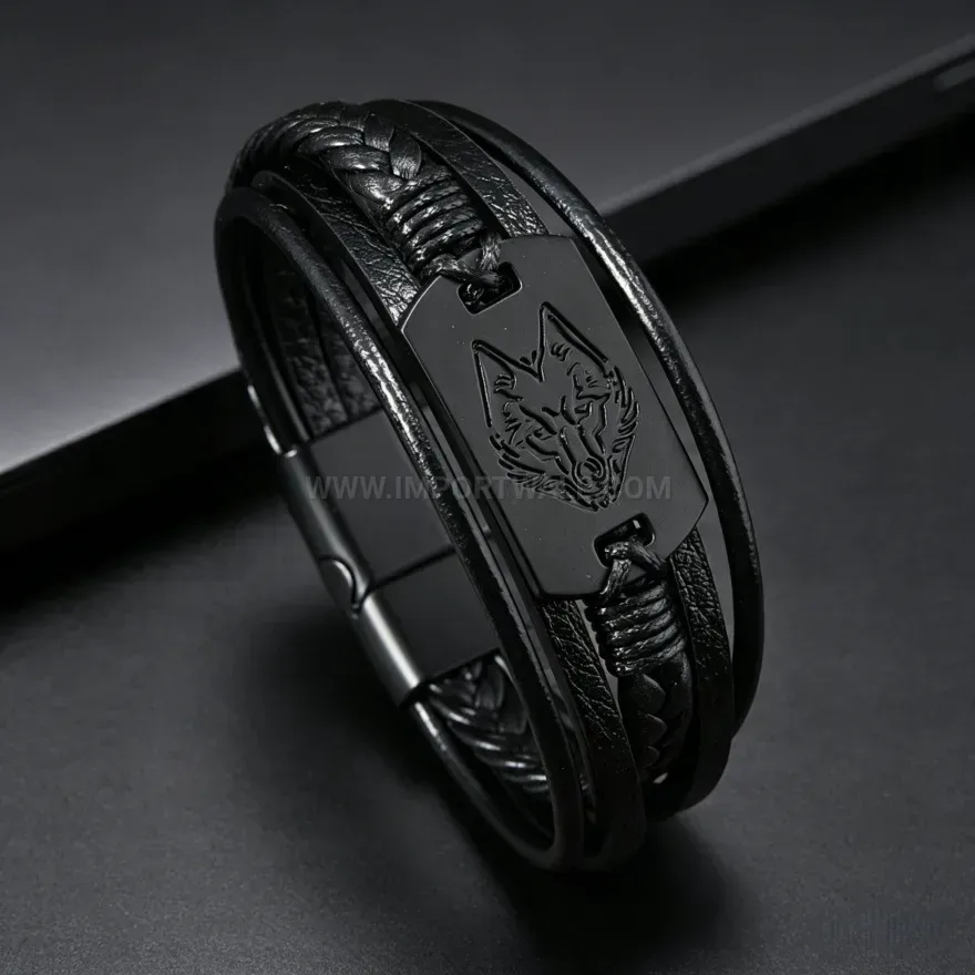 Chic Embossed Wolf Pattern Leather Cuff with Alloy Magnetic Lock