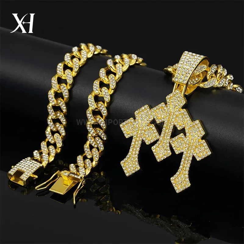 Iced Out Alloy Three Arrow Cross Hip Hop Pendant Necklace