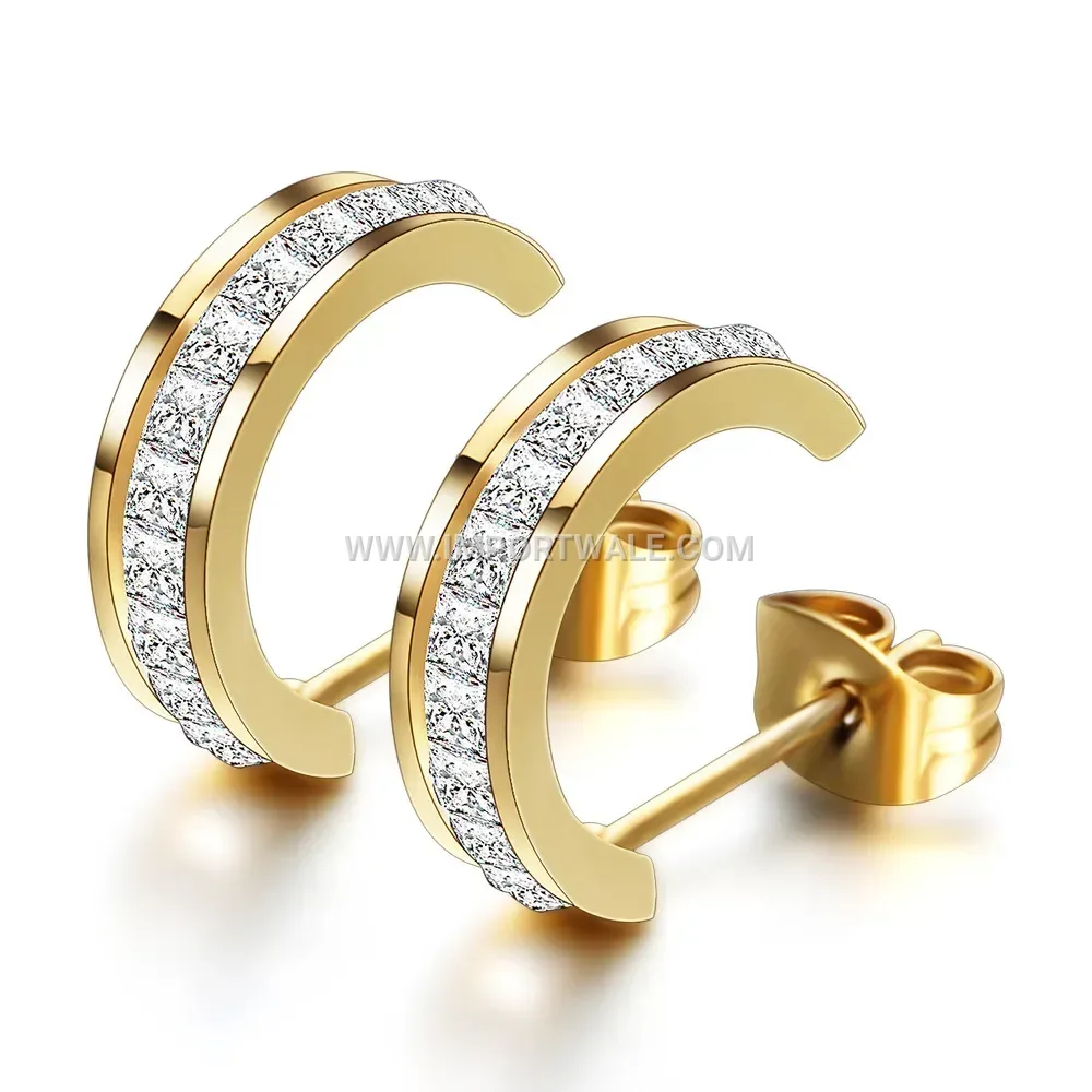 C-Shape Zirconia Accent Stainless Steel Stud Earrings