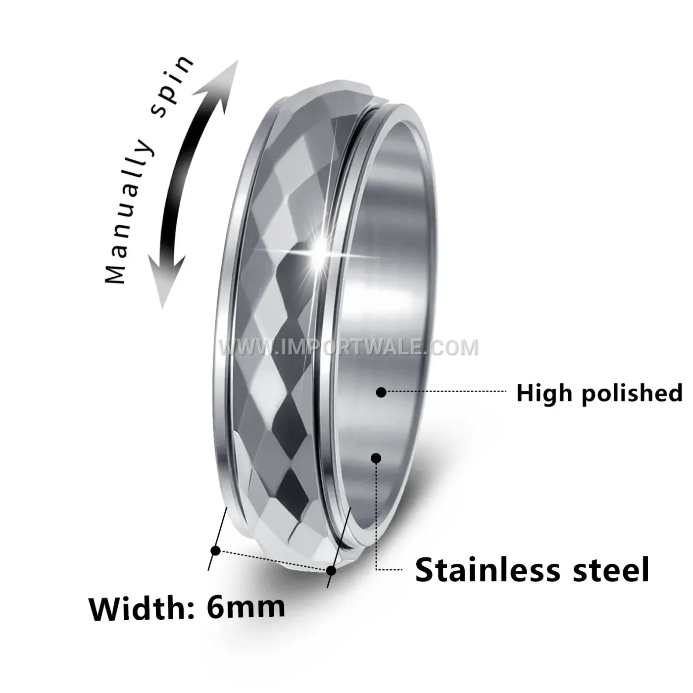 Rhombic Engraved Rotating Stainless Steel Double Layer Ring