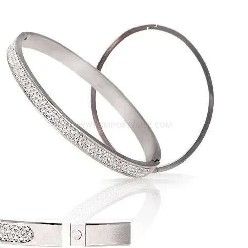 Designer Three-Row Czech Crystal Stainless Steel Bangle