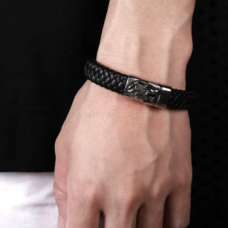 Designer Wolf Head Stainless Steel Handcrafted Leather Men's Bracelet