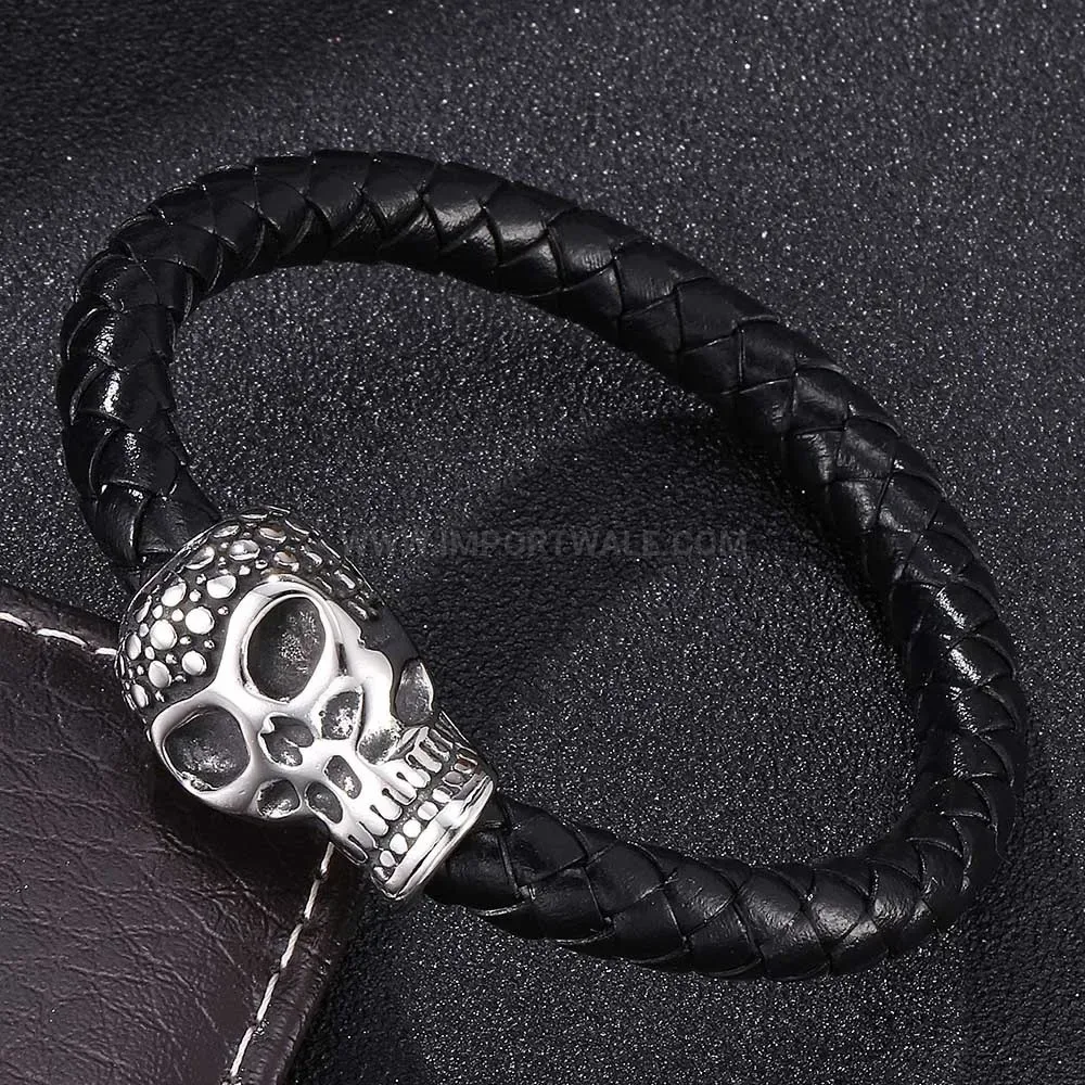 Retro Skull Stainless Steel Magnetic Leather Wristband
