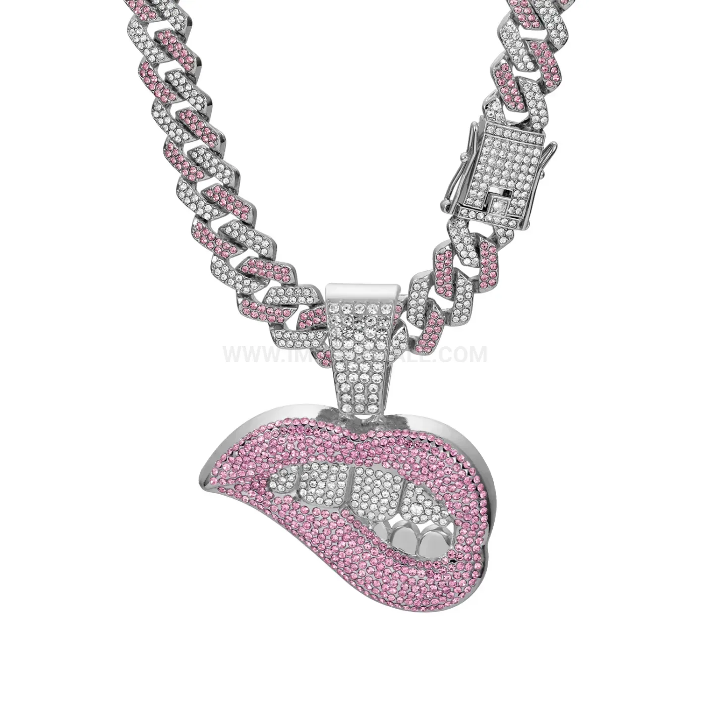 Trendy Pink Rhinestone Lips Pendant Cuban Chain Necklace