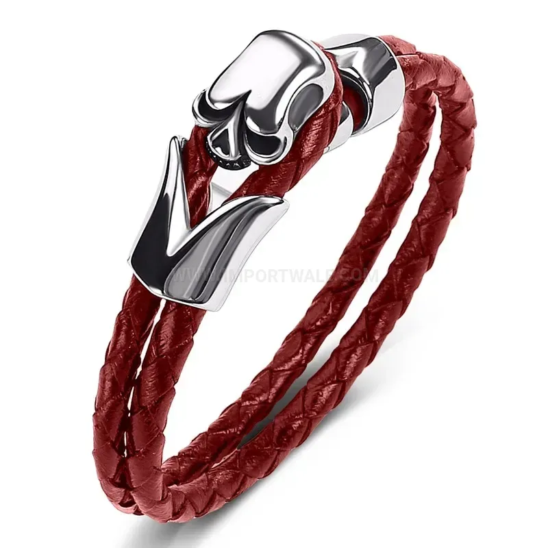 Classic Double Wrap Leather Wristband with Stainless Steel Skull Hardware