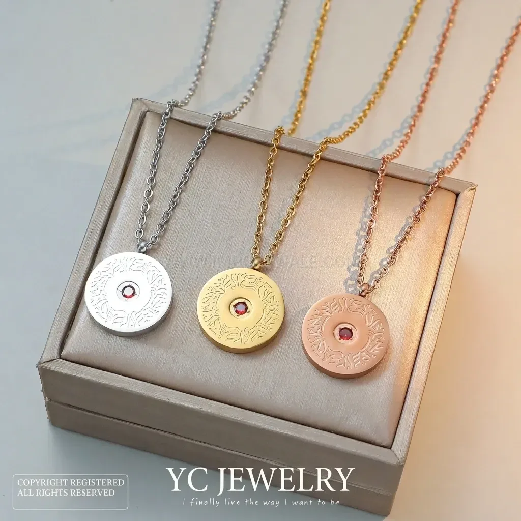 Chic Stainless Steel Ayatul Kursi Arabic Script Pendant Necklace with Red Zircon