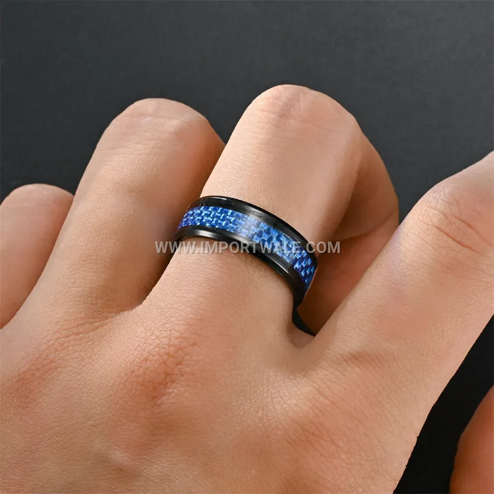 Black Stainless Steel Band Ring with Blue Carbon Fiber Inlay