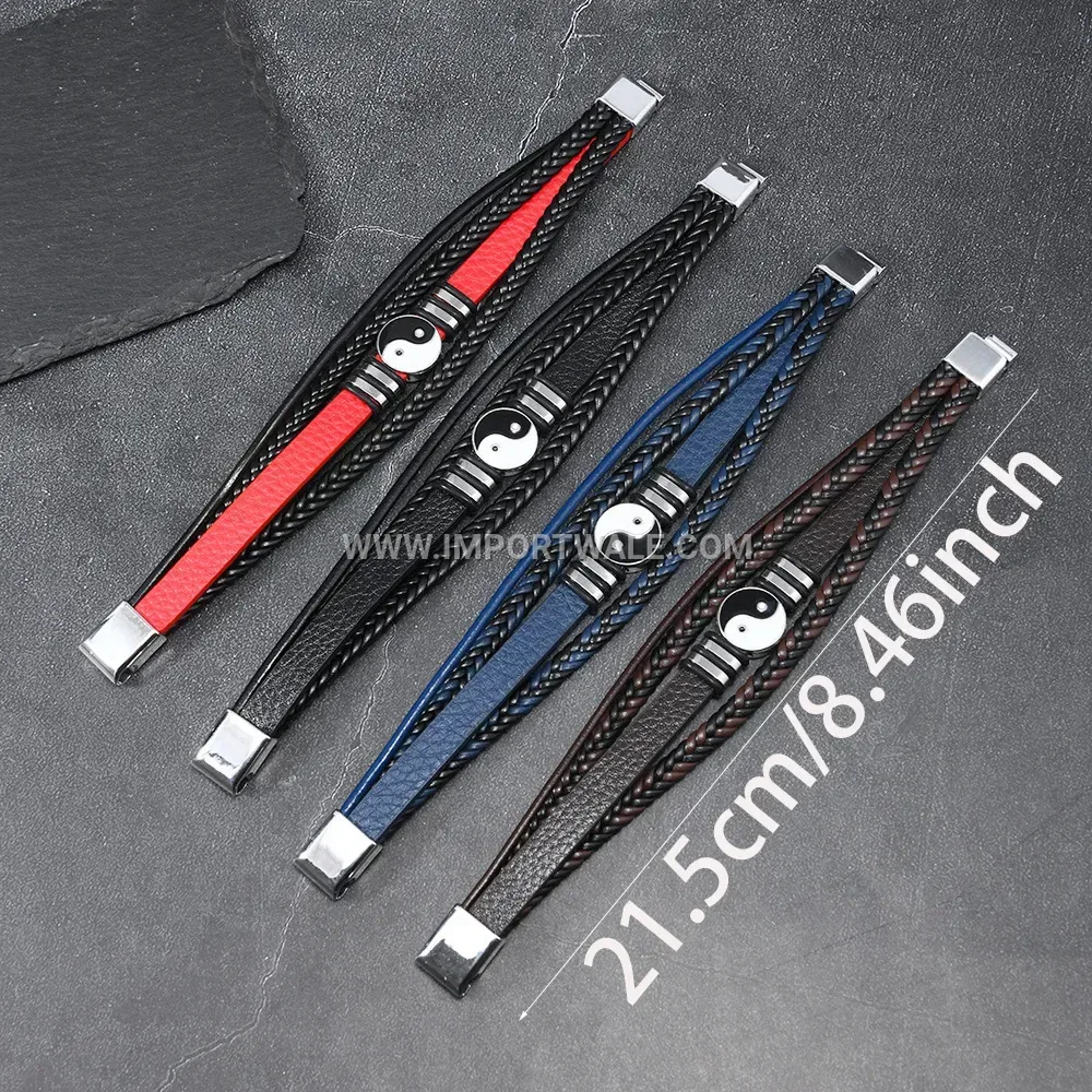 Multi Layer PU Leather Men Wristband With Magnetic Clasp