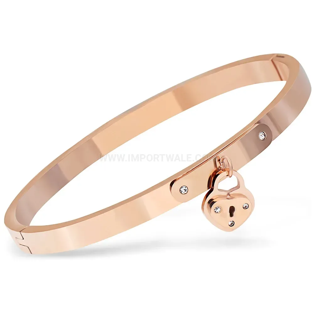 Bold Stainless Steel Rhinestone Heart Lock Bangle Bracelet