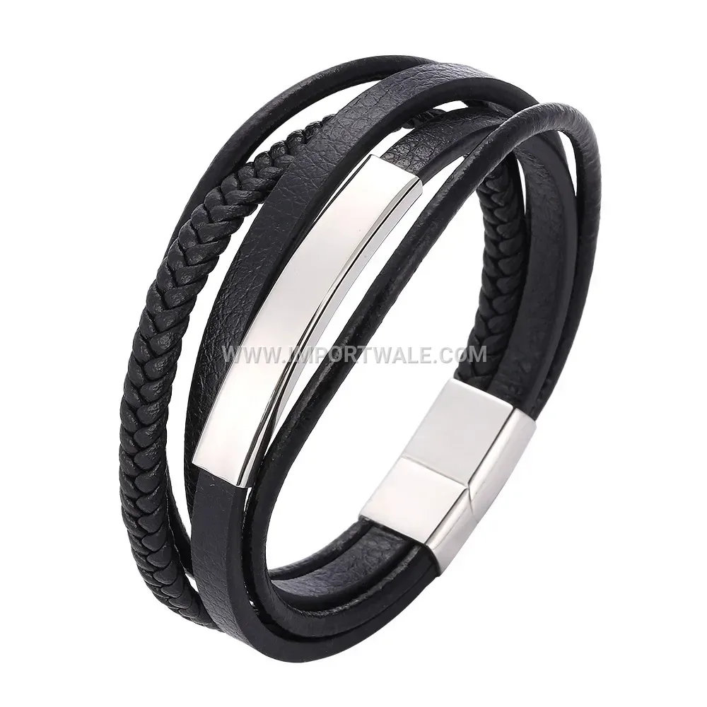 Layered Stainless Steel Curved Tube and Leather Men's Bracelet