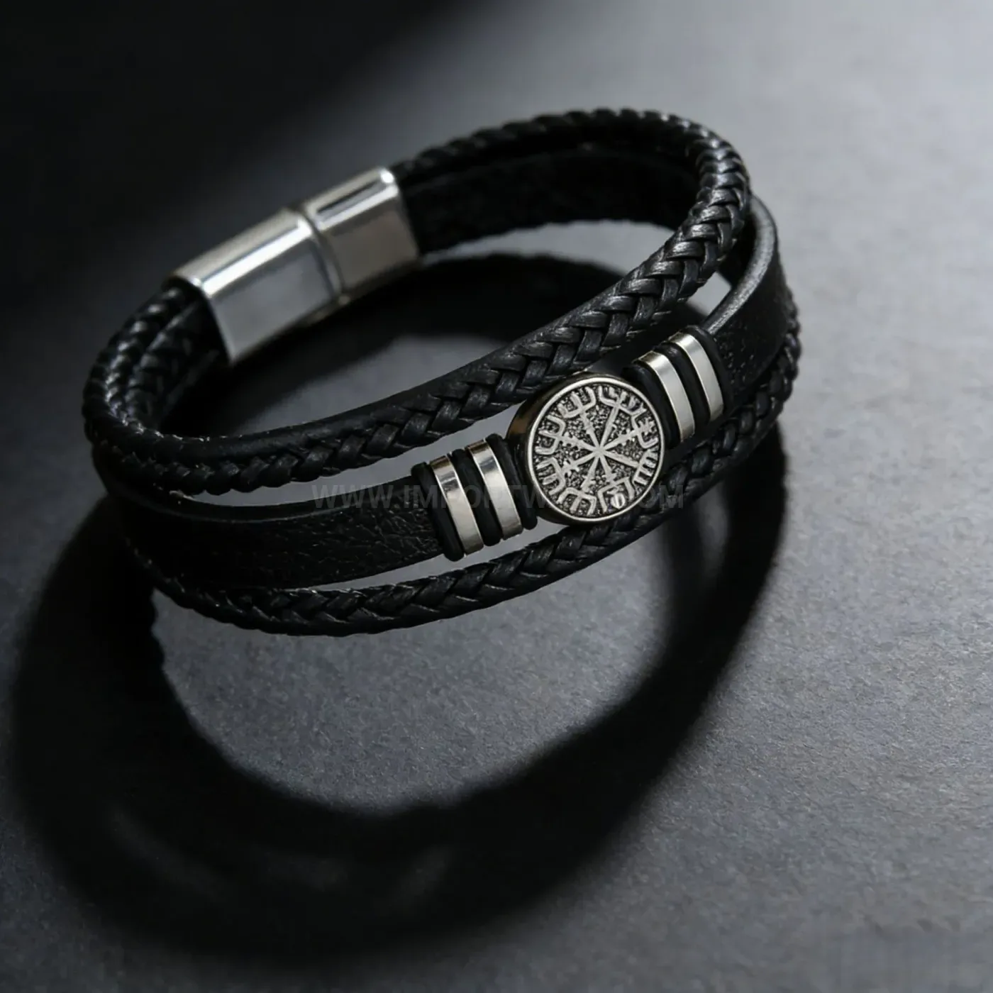 Stylish Viking Compass Alloy Charm Woven Leather Bracelet with Magnetic Clasp