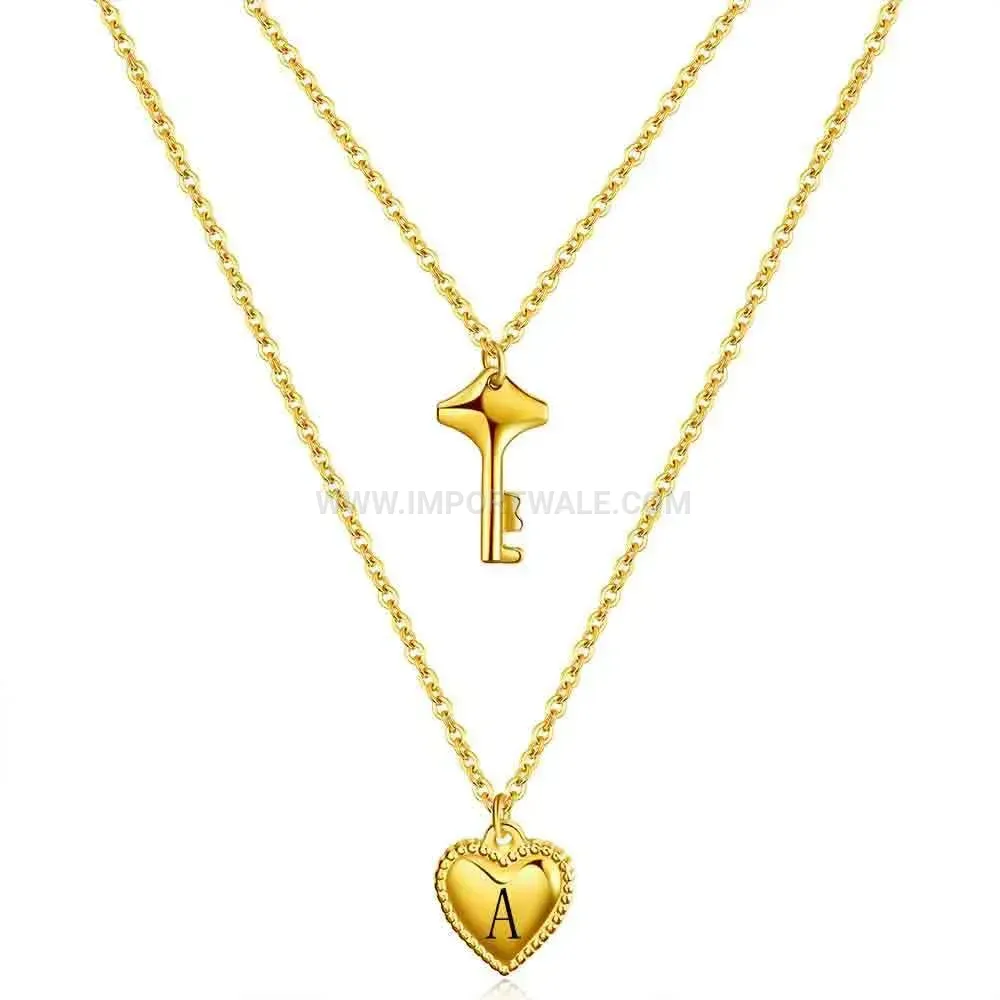 Titanium Steel Initial Letter Key and Heart Pendant Choker Necklace