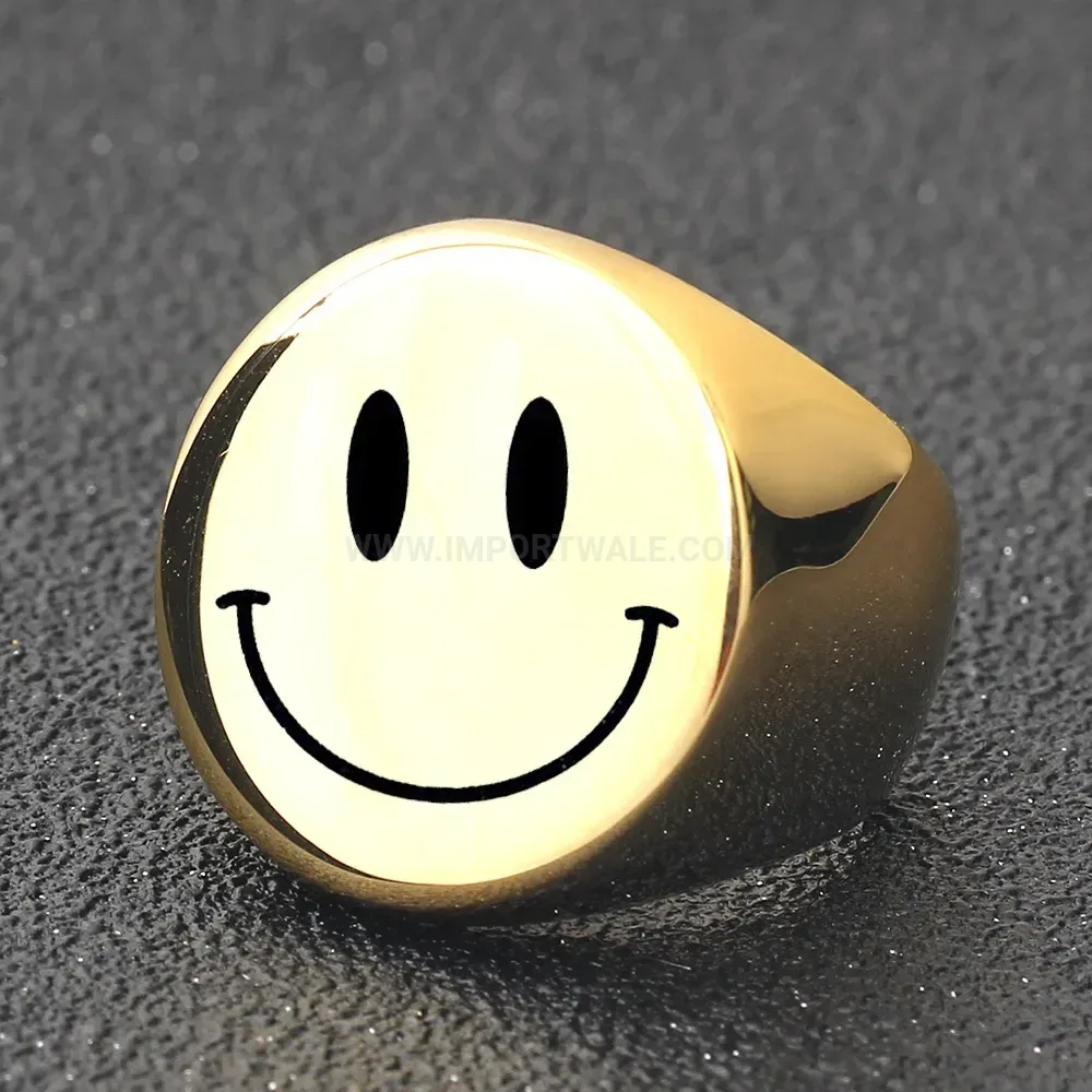 Bold Laser Engraved Circular Smiley Face Stainless Steel Signet Ring