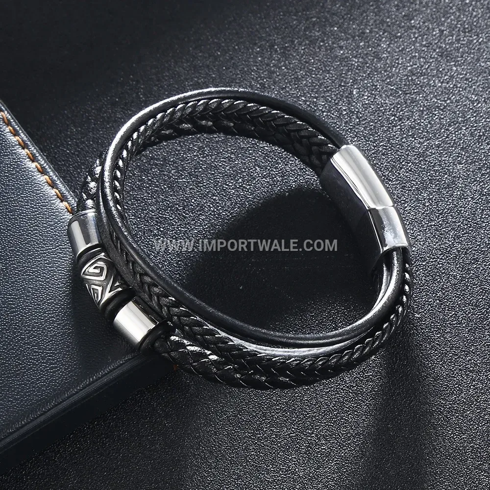 Multi Layer Handwoven Leather Men Stainless Steel Cuff Bracelet