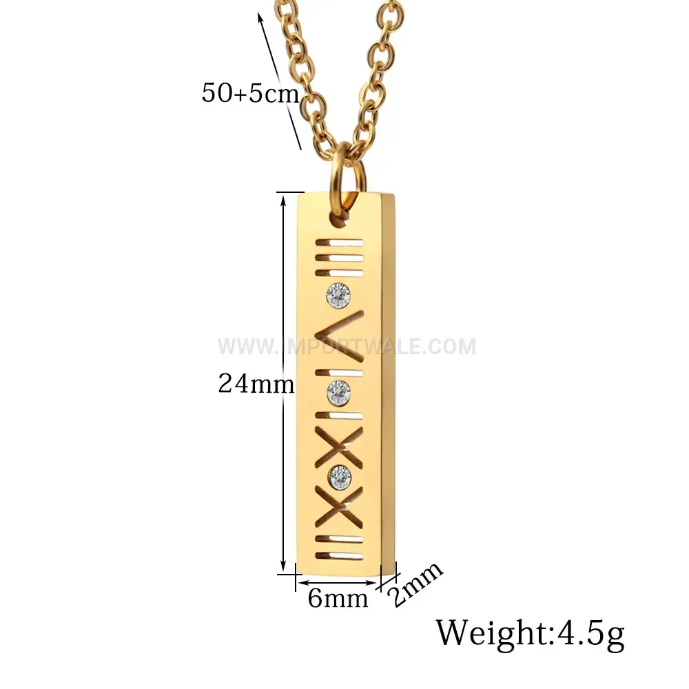 Roman Numeral Cutout Stainless Steel Rhinestone Pendant Necklace