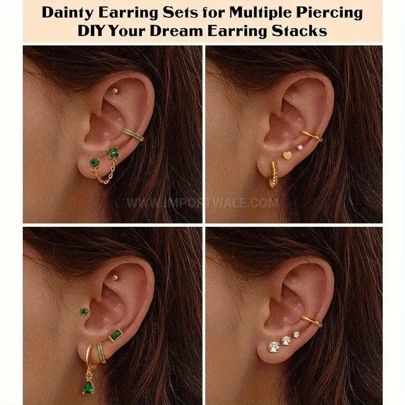 Premium Stainless Steel Rhinestone and Pearl Piercing Cartilage Stud Earring Set