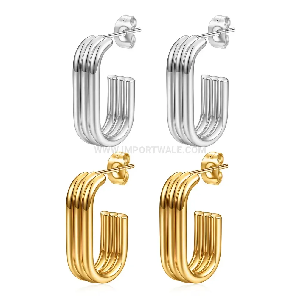 Triple Band U Shaped Stainless Steel Hoop Earrings
