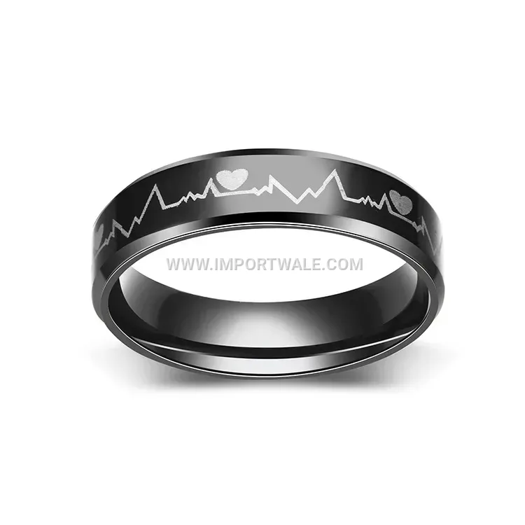 Black Heartbeat EKG Titanium Steel Band Ring