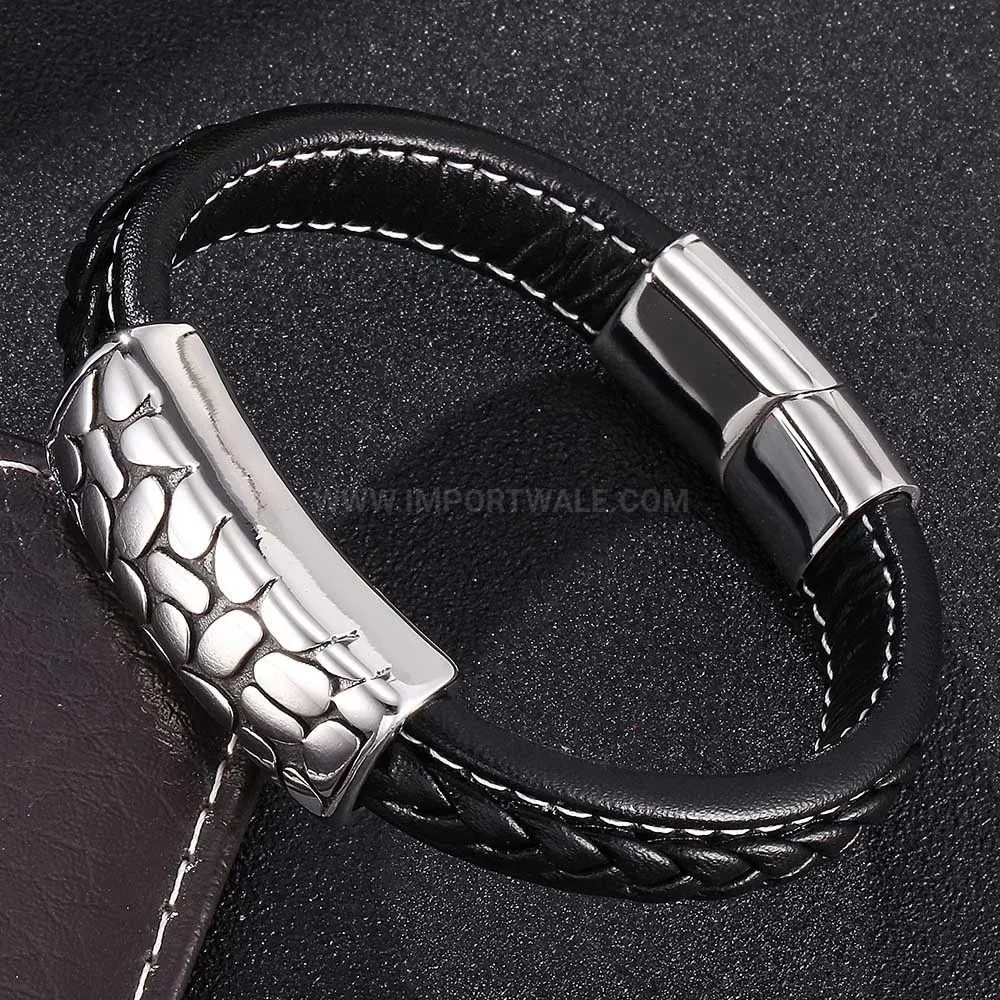 Woven Leather Band with Cast Stainless Steel Hardware for Men