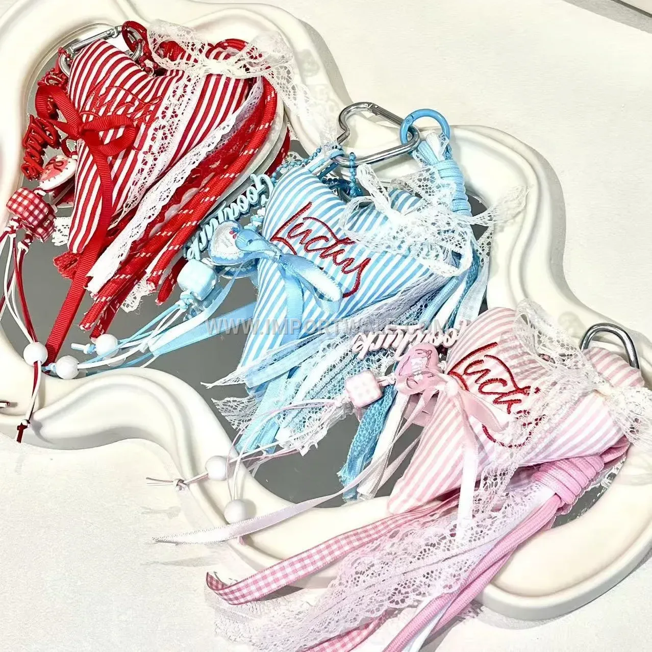 Embroidered Fabric Heart Striped Bag Charm