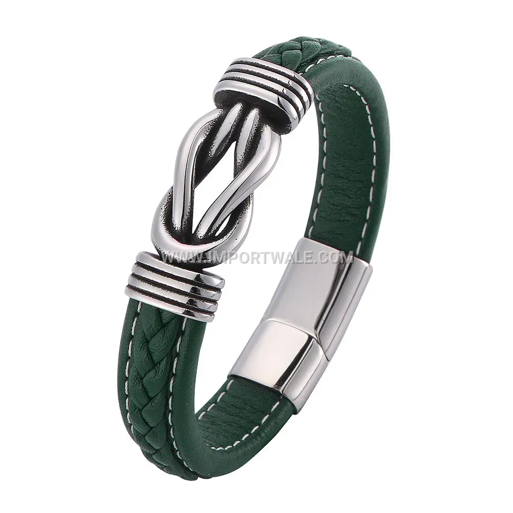 Retro Stainless Steel Interlocking Ring Leather Strap Bracelet