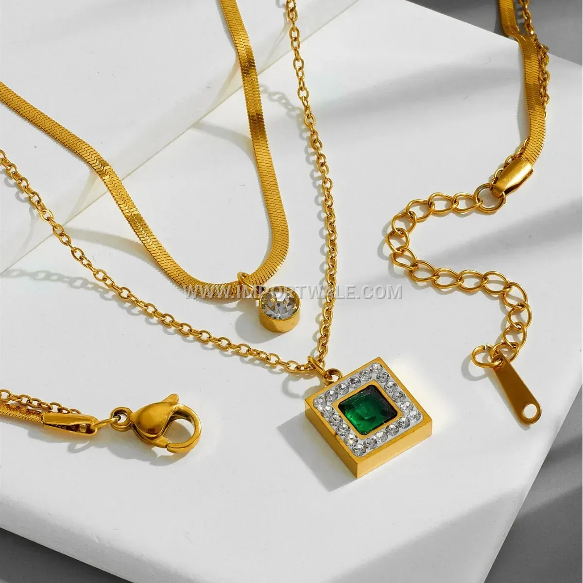Double Layered Gold Titanium Steel Green Gemstone Anklet