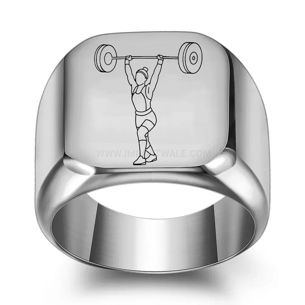 Classic Weightlifter Engraved Square Stainless Steel Signet Ring