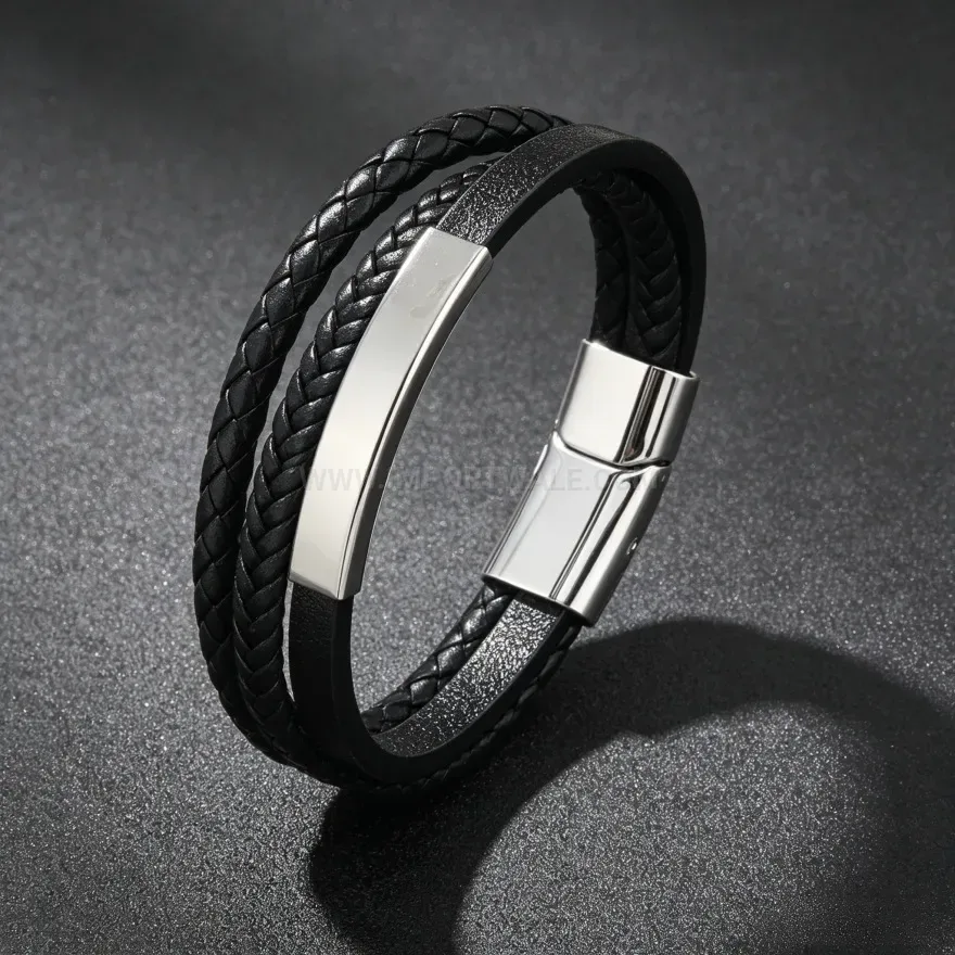 Classic Woven Leather Multi Layer Bracelet With Magnetic Alloy Clasp