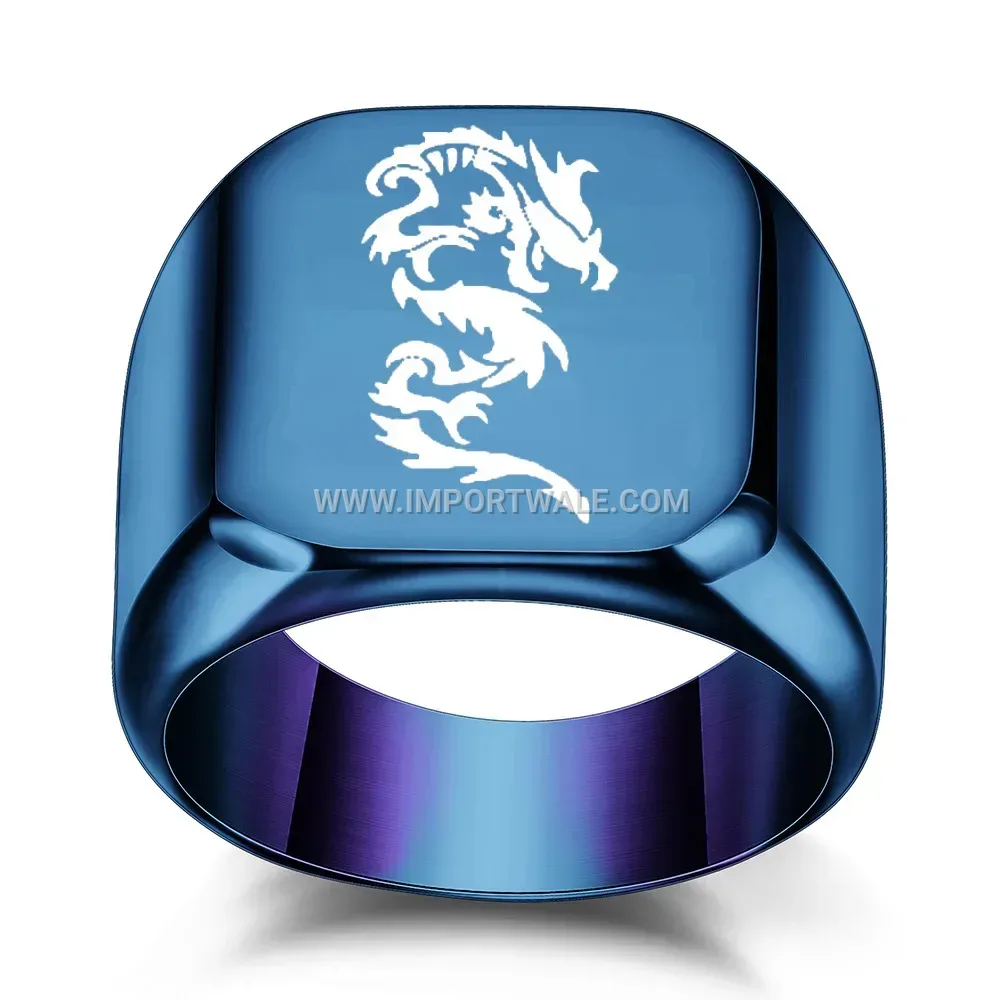Engraved Dragon Stainless Steel Square Signet Ring