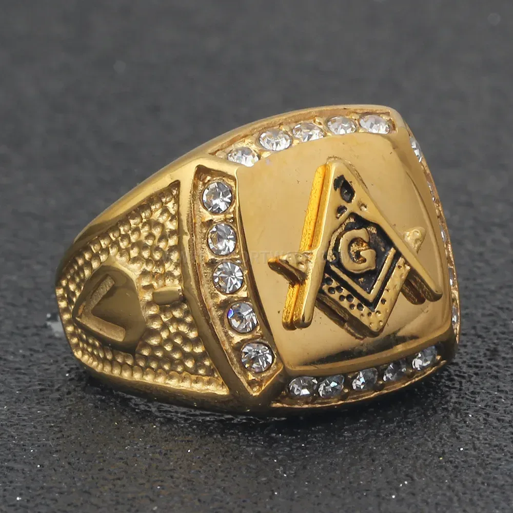 Designer Gold-Plated Stainless Steel Square Emblem Ring with Crystals