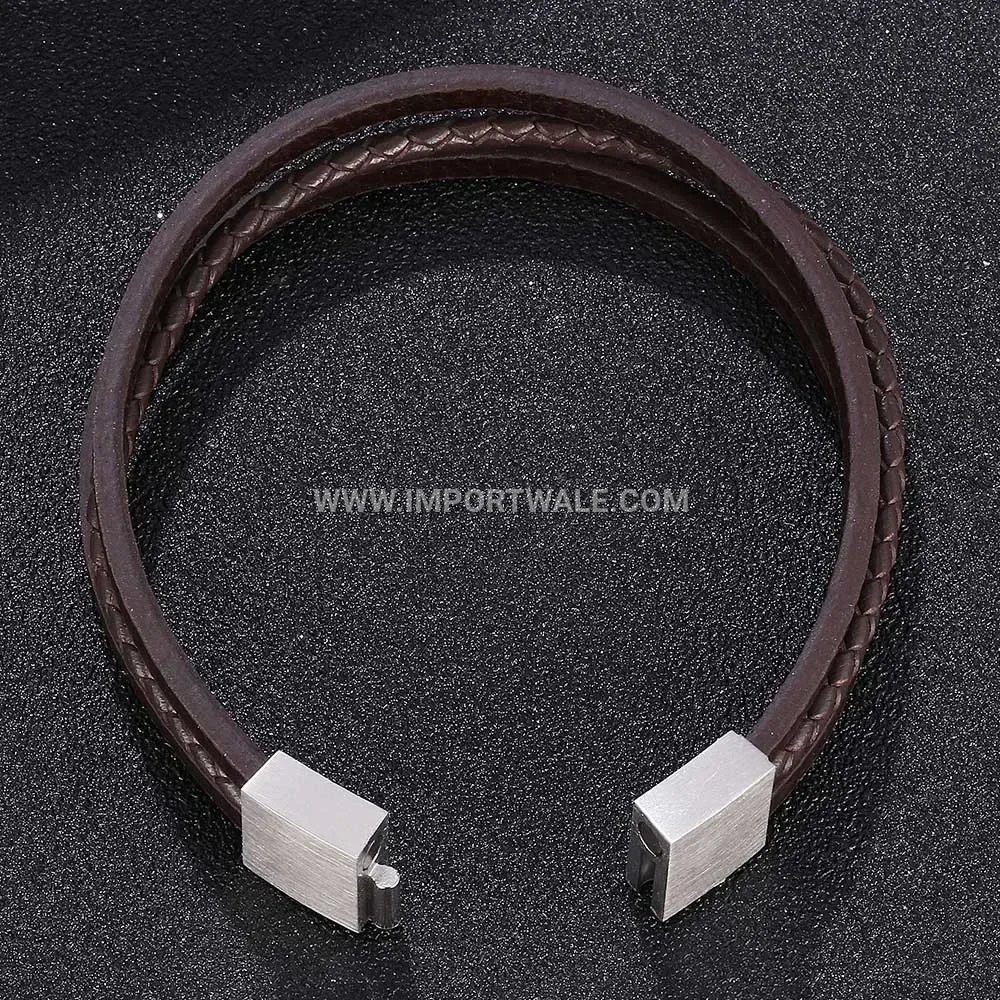 Multi Layer Woven Brown Leather Stainless Steel Magnetic Wristband