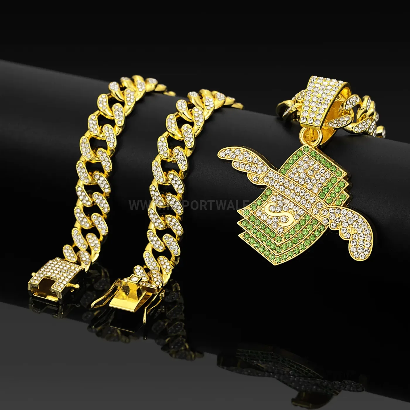 Flying Wings Dollar Symbol Rhinestone Pendant Necklace