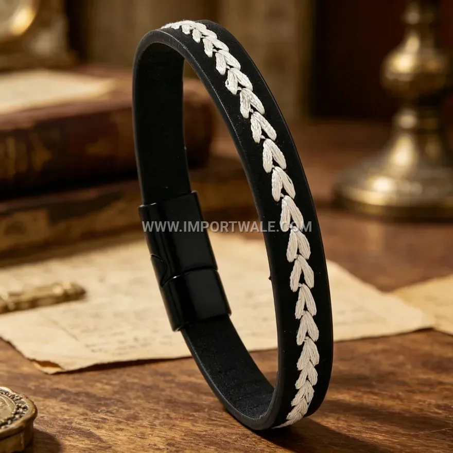Minimalist Embroidered Woven Leather Daily Wristband Bracelet