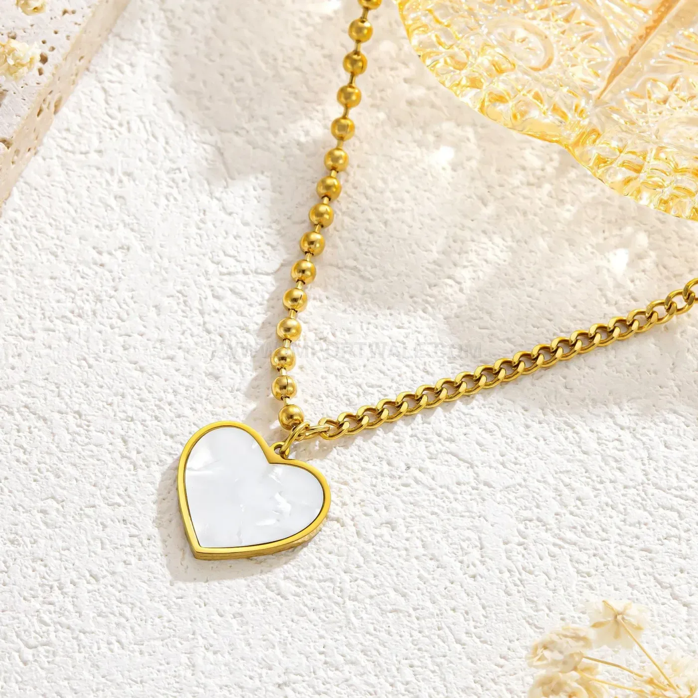 Premium Stainless Steel Heart White Mother of Pearl Pendant Necklace