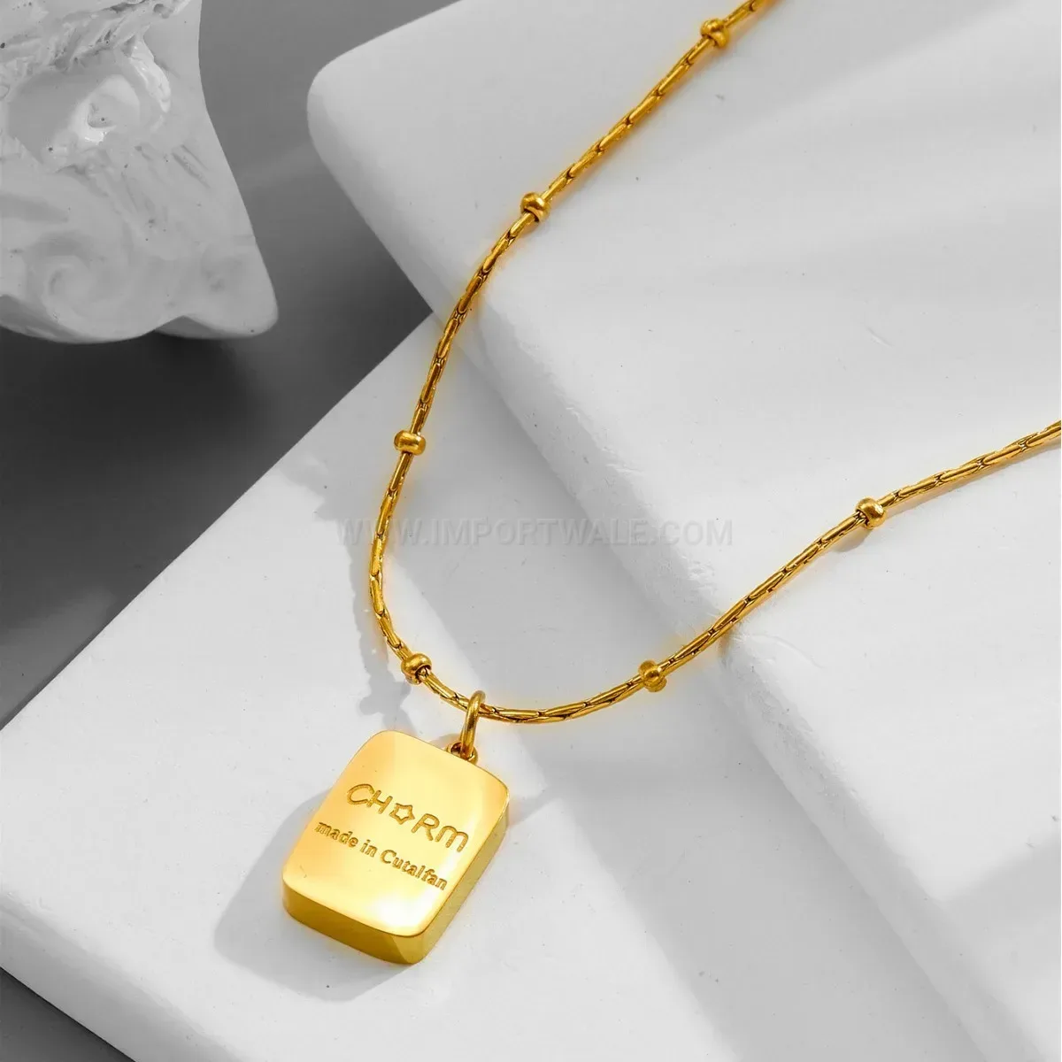 Designer Double Sided Letter Square Tag Beaded Titanium Steel Necklace