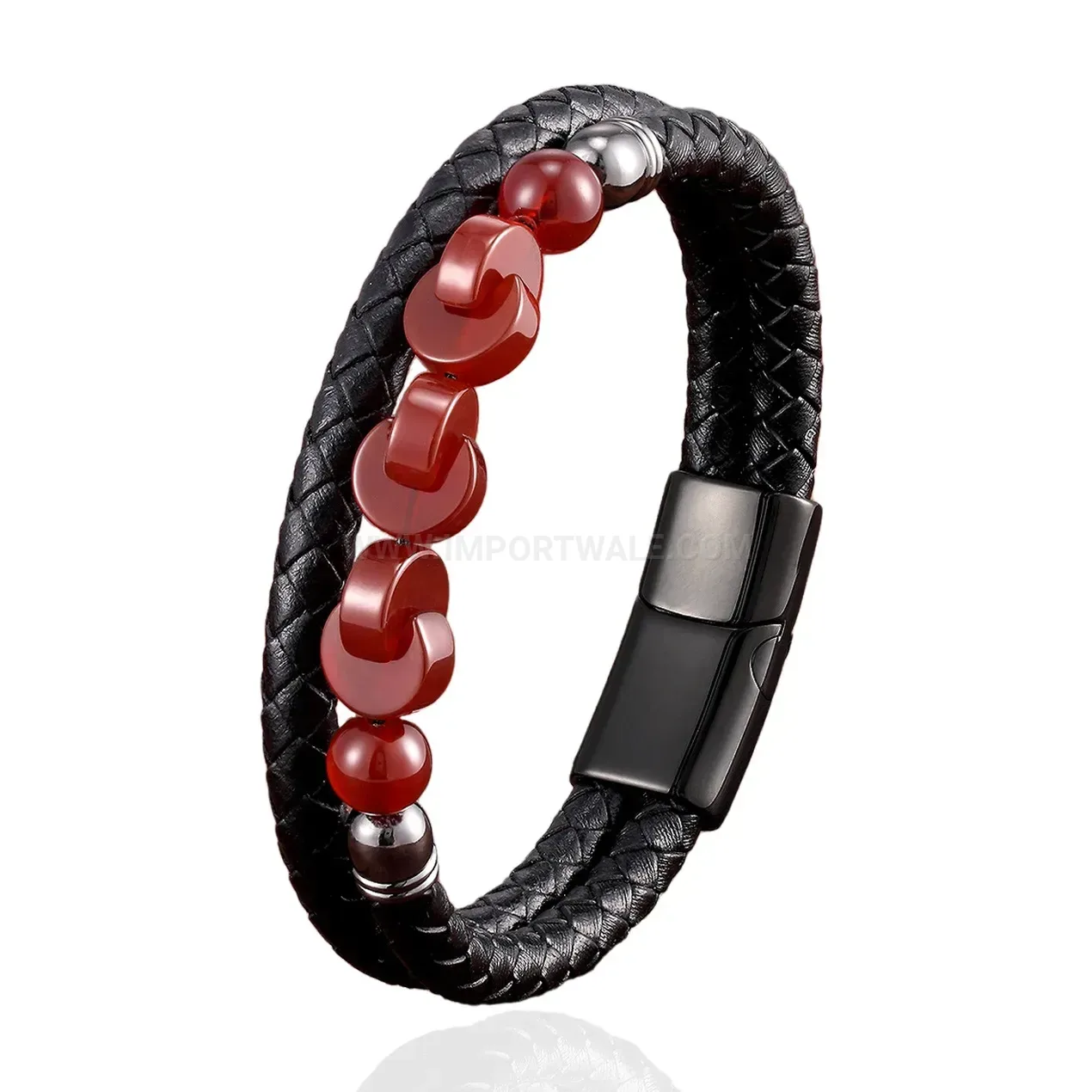 Double Layer Woven Leather Natural Stone Stainless Steel Magnetic Bracelet