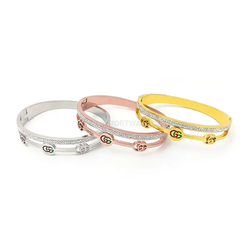 Bold Rhinestone Red and Green Patterned Titanium Steel Bangle