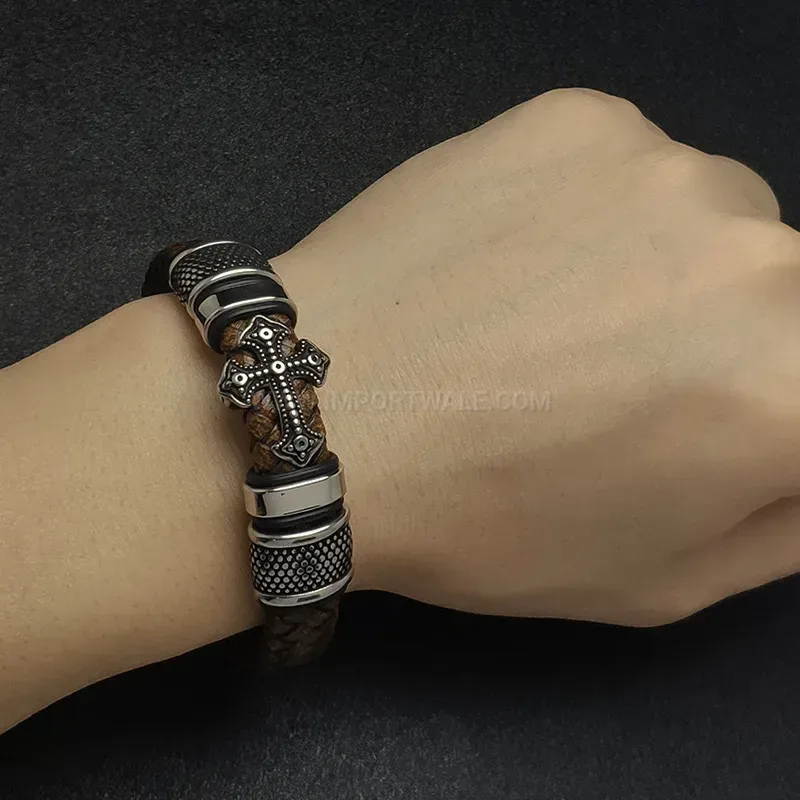 Designer Braided Leather Cross Accent Stainless Steel Men's Bracelet