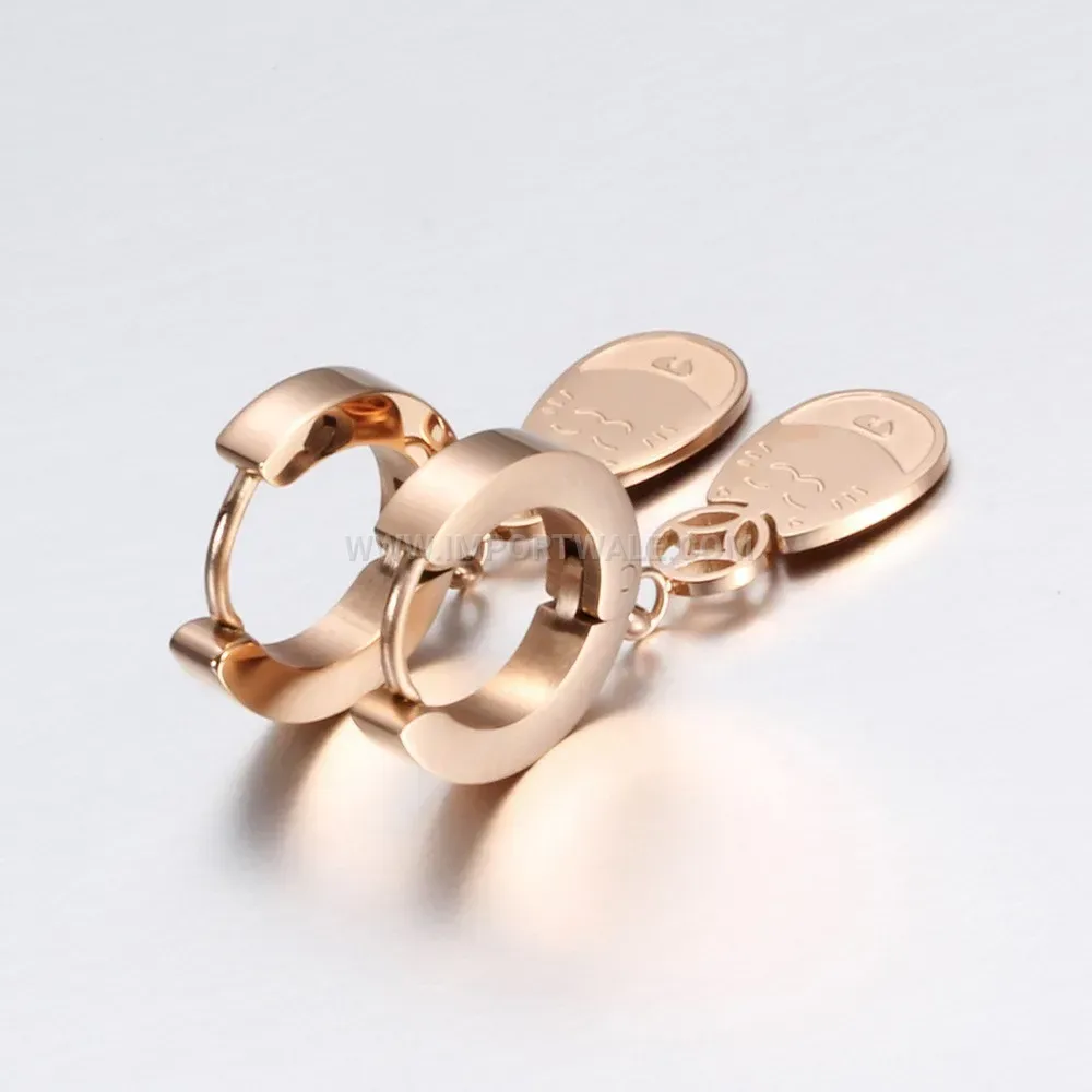 Rose Gold Stainless Steel Fortune Cat Coin Huggie Earrings