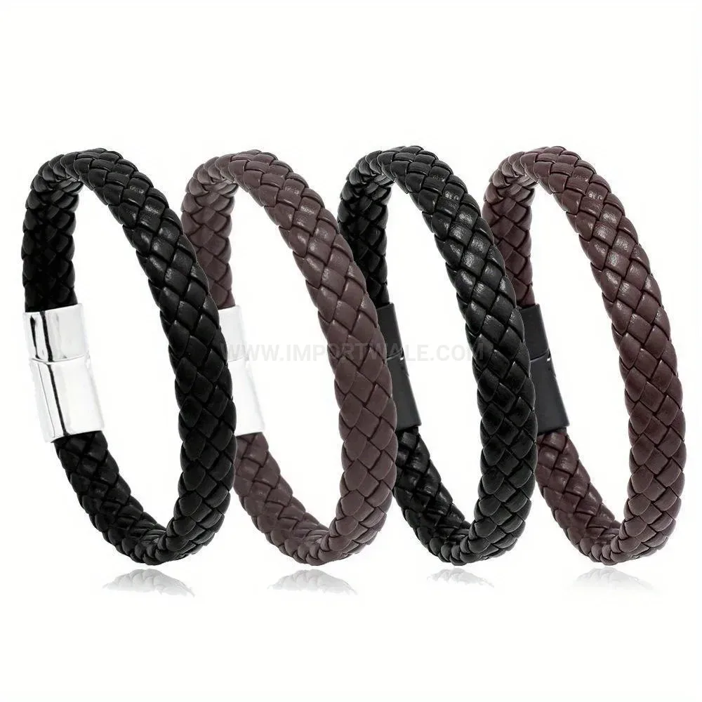 Premium Braided Faux Leather Wristband Bracelet with Metallic Clasp Accent
