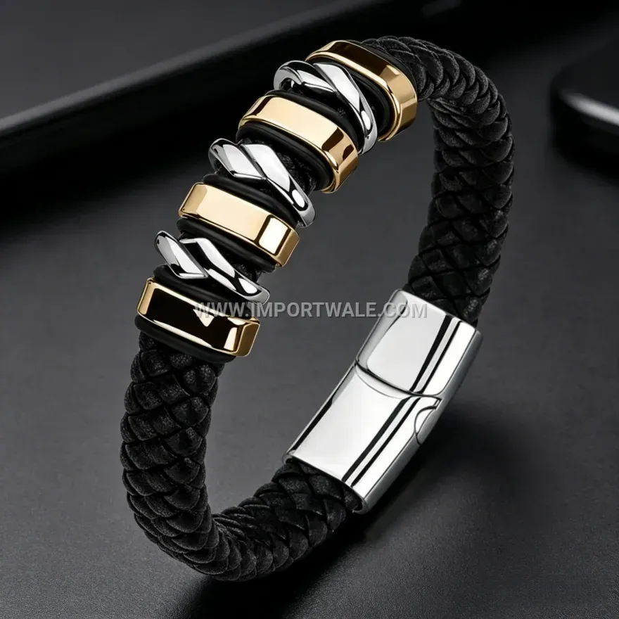Woven Leather Bead-Accented Magnetic Cuff Bracelet for Men