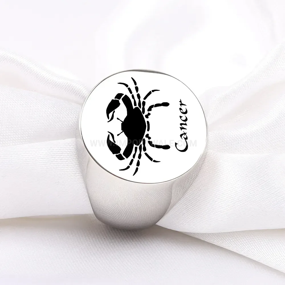 Designer Polished Stainless Steel Round Crab Motif Signet Ring