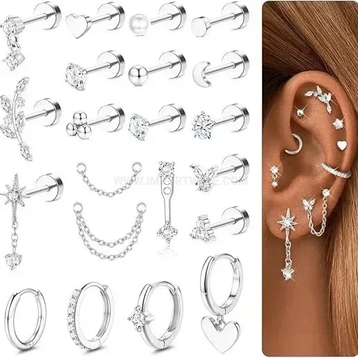 Classic Minimalist Cubic Zirconia Stainless Steel Cartilage Piercing Stud Set