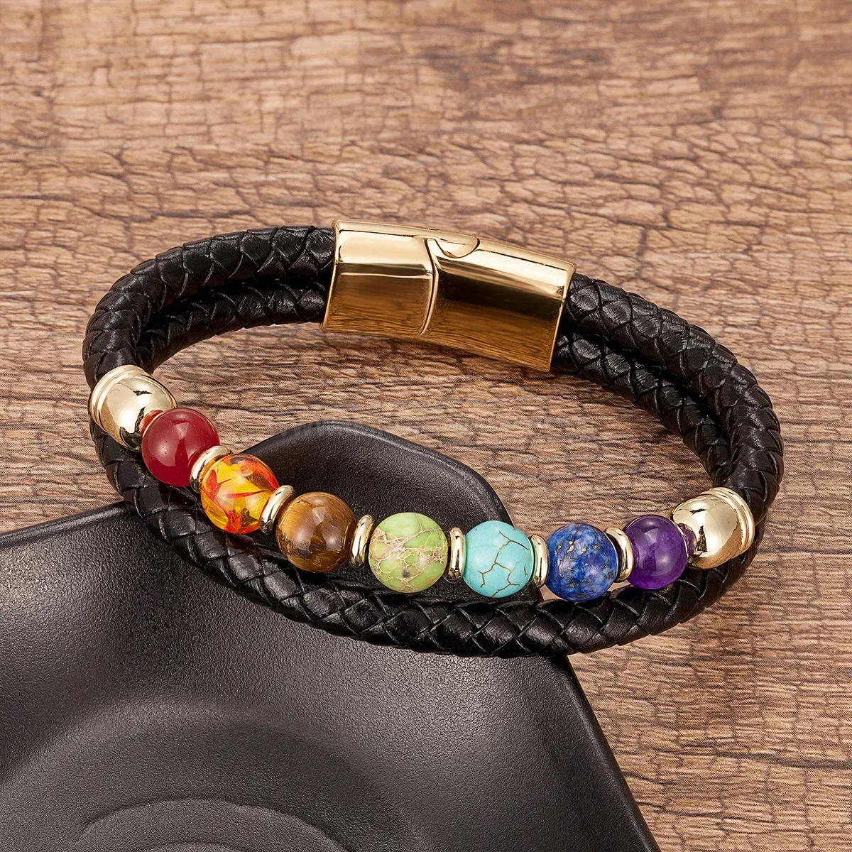 Braided Leather Stone Bead Stainless Steel Bracelet