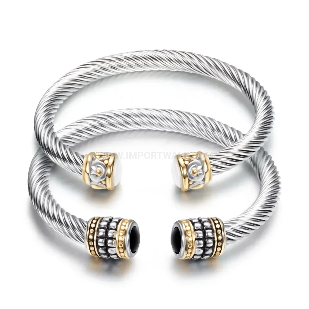 Modern Vintage Two-Tone Crystal Inlaid Cable Wire Stainless Steel Bangle
